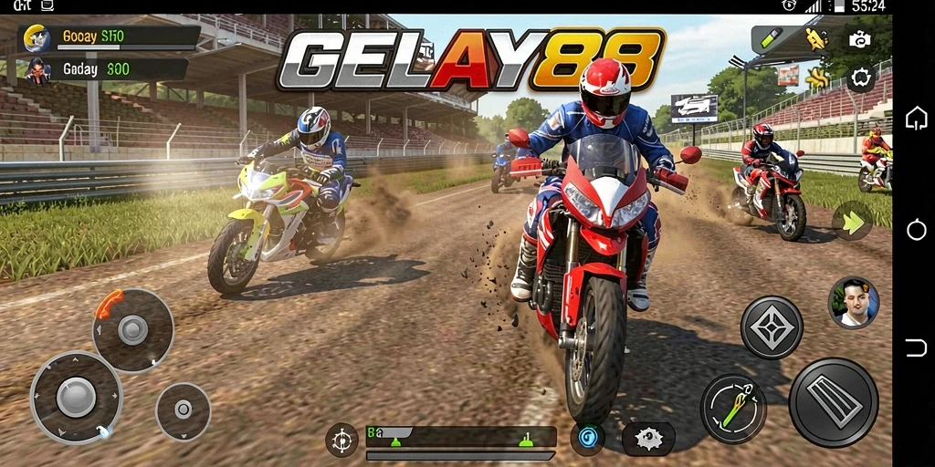 Screenshot gameplay GELAY88 dengan balapan motor yang intens.