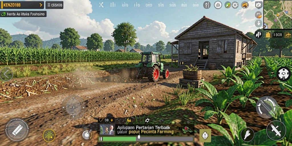 Screenshot gameplay KENZO188 menampilkan keindahan pertanian virtual.