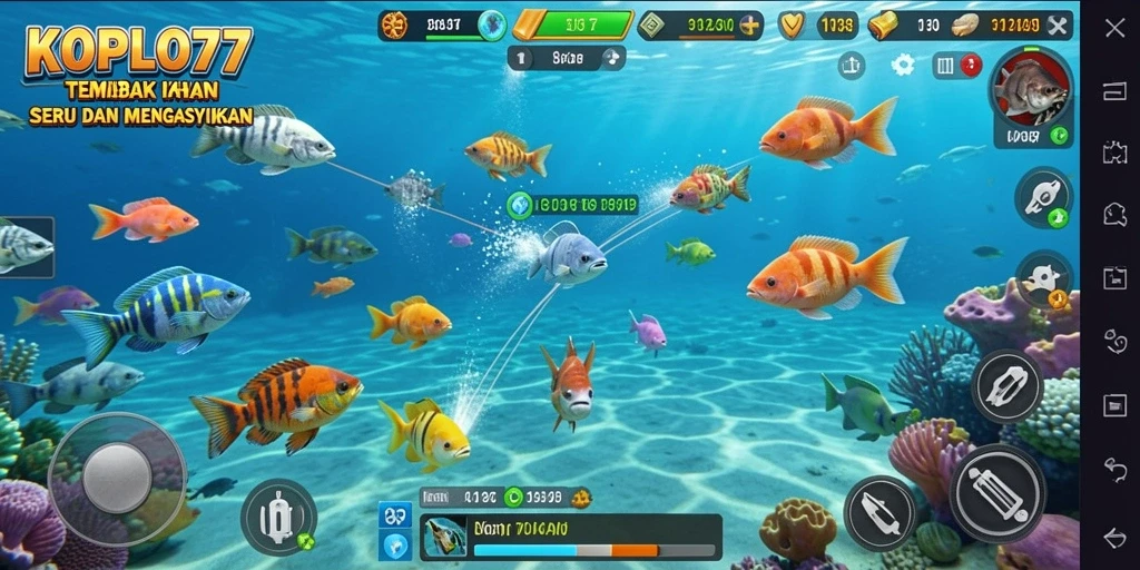 Screenshot menampilkan gameplay seru dalam KOPLO77 Tembak Ikan.