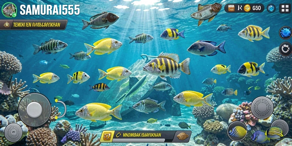 Screenshot gameplay SAMURAI555 dengan suasana menembak ikan yang menegangkan.