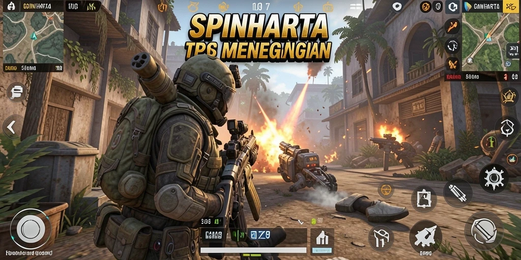 Gameplay SPINHARTA yang mendebarkan dengan aksi tembak-menembak intens.