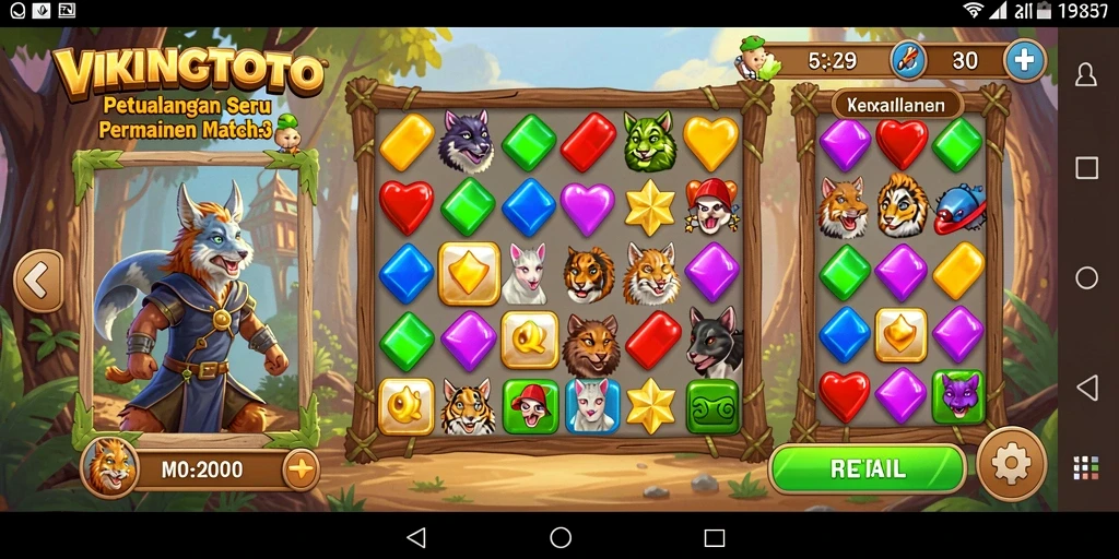 Screenshot gameplay VIKINGTOTO menampilkan aksi mencocokkan batu permata.